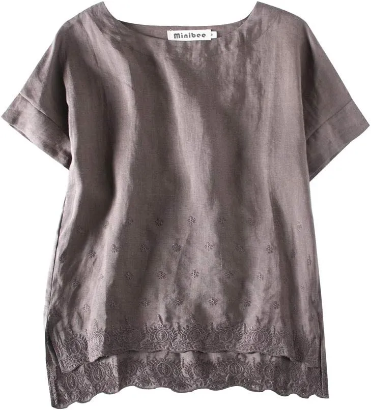 Minibee Women's Summer Linen Tunic Shirt High Low Hem Embroidery Blouse Top