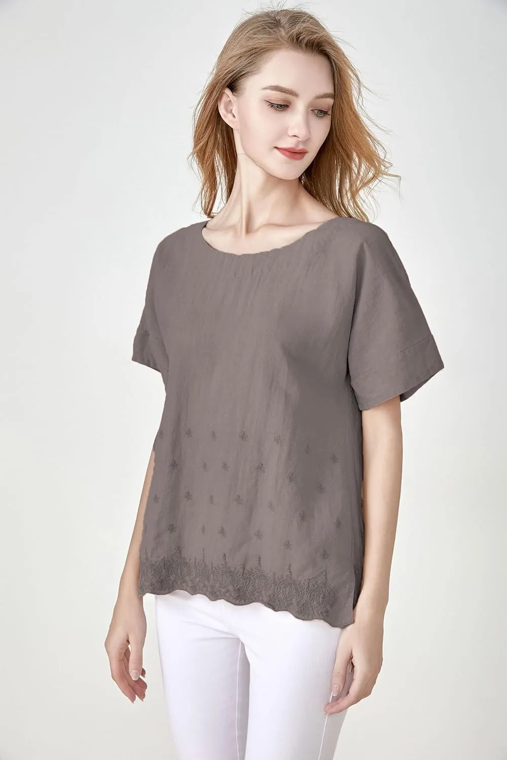 Minibee Women's Summer Linen Tunic Shirt High Low Hem Embroidery Blouse Top