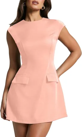 oten Women's Sexy Cap Sleeve Mock Neck Mini Dress A-Line Flare Club Night Out Party Short Dresses