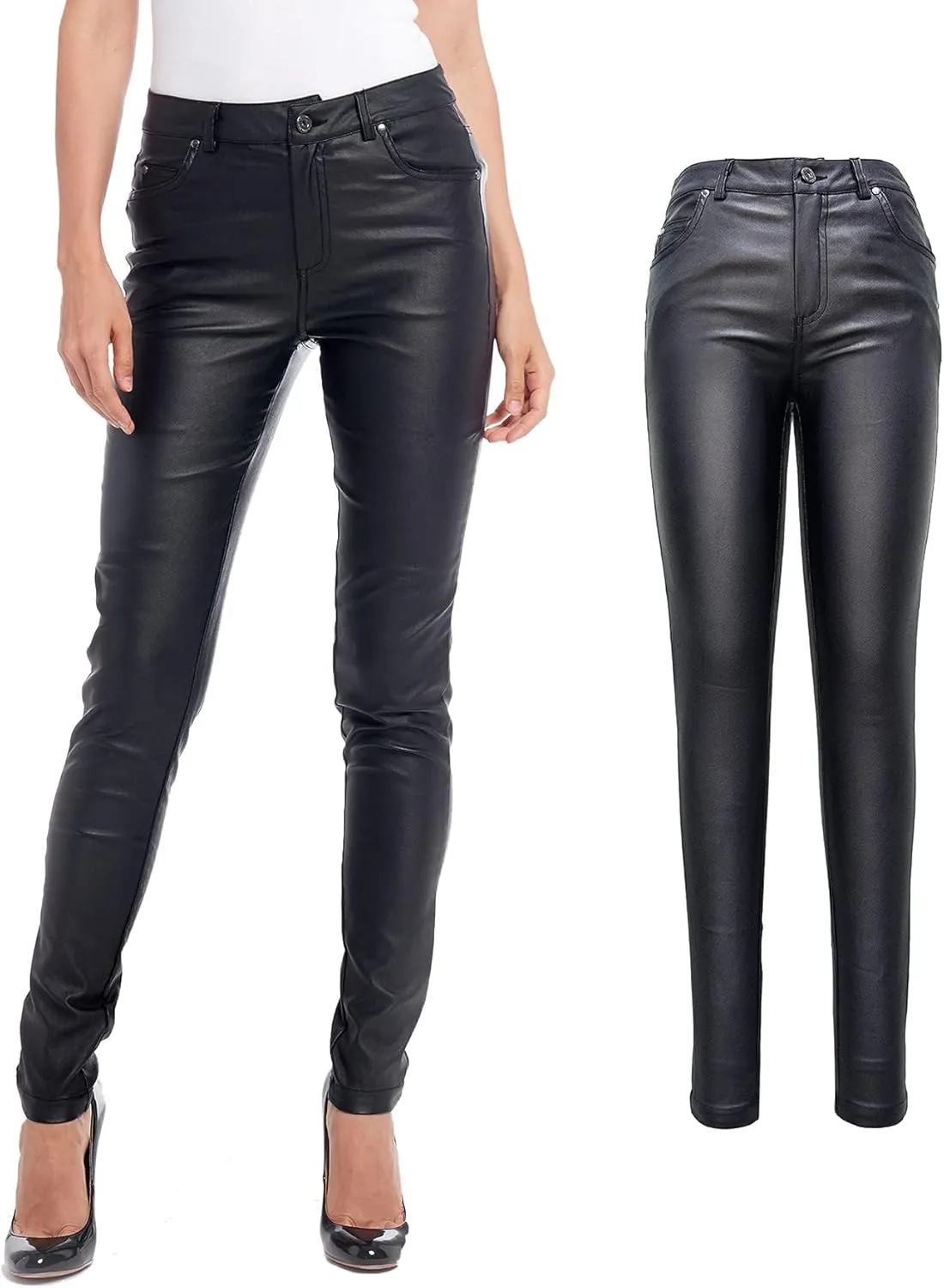 S P Y M Womens Stretchy Jeggings, Faux Leather Legging Pants with Pockets, Regular and Plus Size