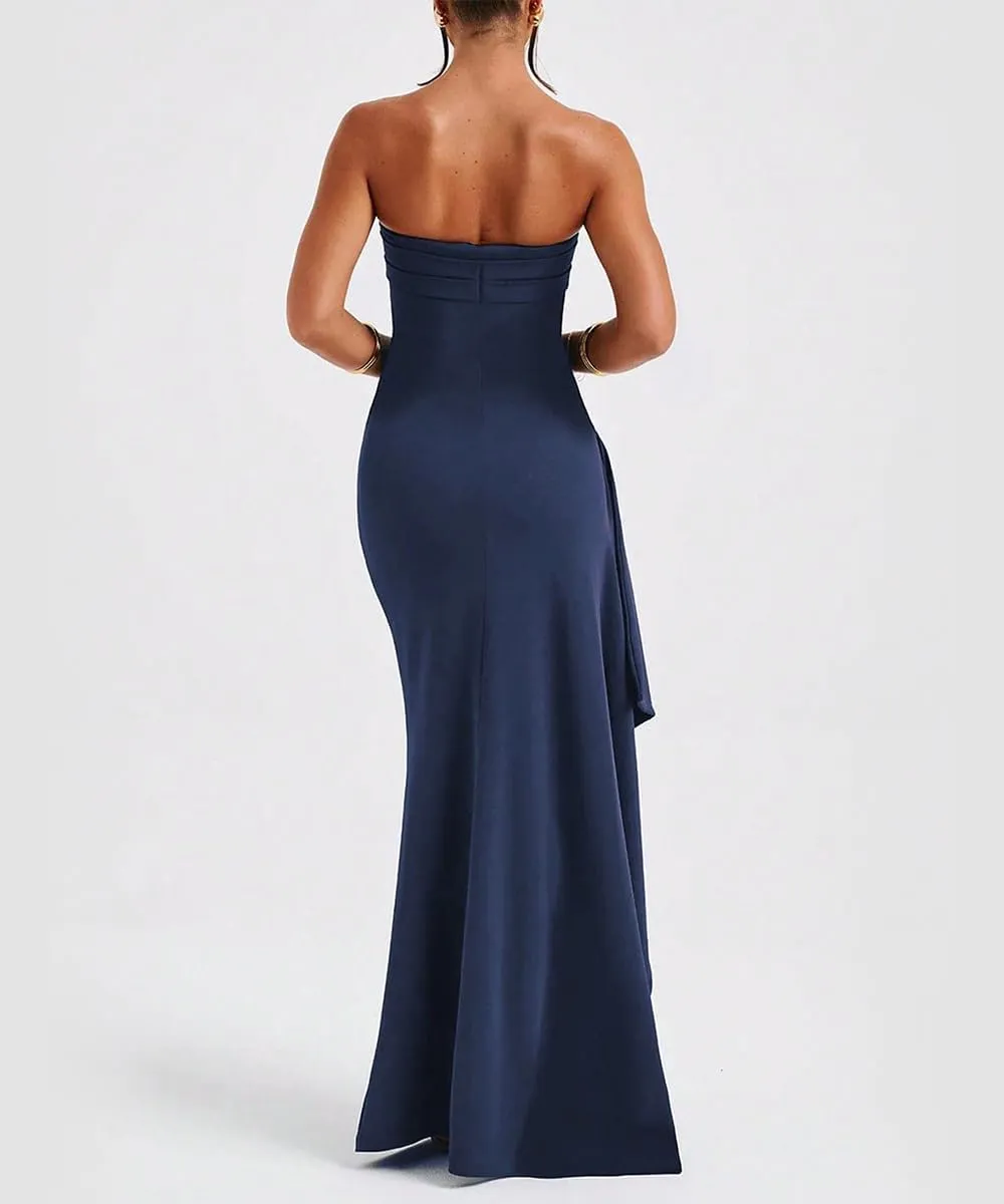 SKAYS Women's Strapless Maxi Dress Elegant Tube Top Formal Ruched Bodycon Wedding Guest Cocktail Summer Dress with Slit