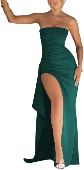 SKAYS Women's Strapless Maxi Dress Elegant Tube Top Formal Ruched Bodycon Wedding Guest Cocktail Summer Dress with Slit