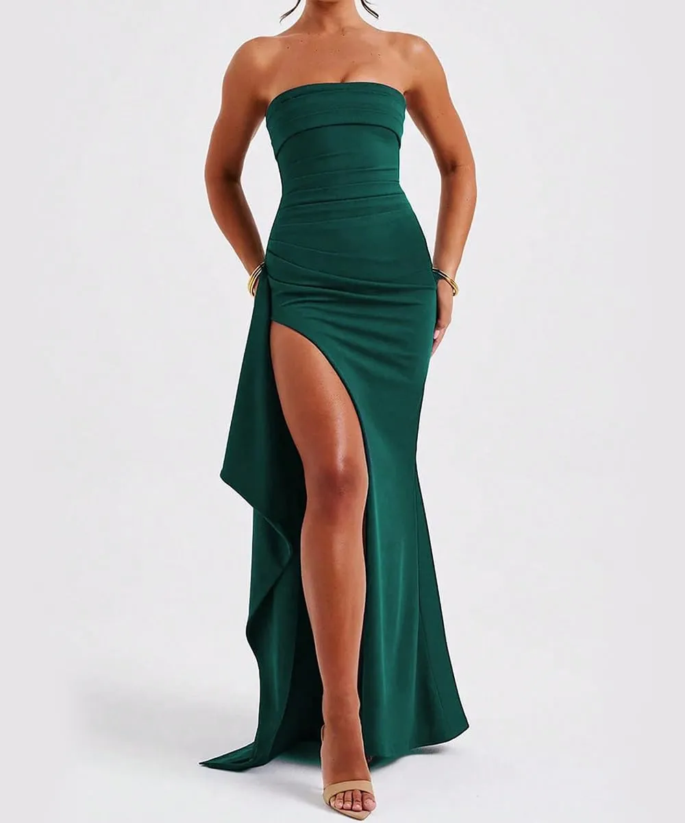 SKAYS Women's Strapless Maxi Dress Elegant Tube Top Formal Ruched Bodycon Wedding Guest Cocktail Summer Dress with Slit