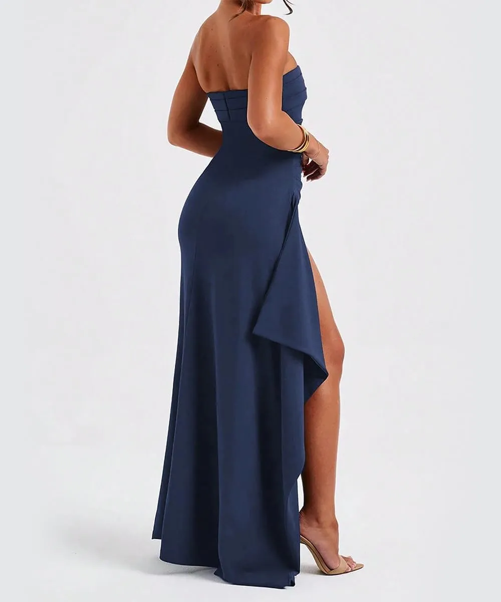 SKAYS Women's Strapless Maxi Dress Elegant Tube Top Formal Ruched Bodycon Wedding Guest Cocktail Summer Dress with Slit