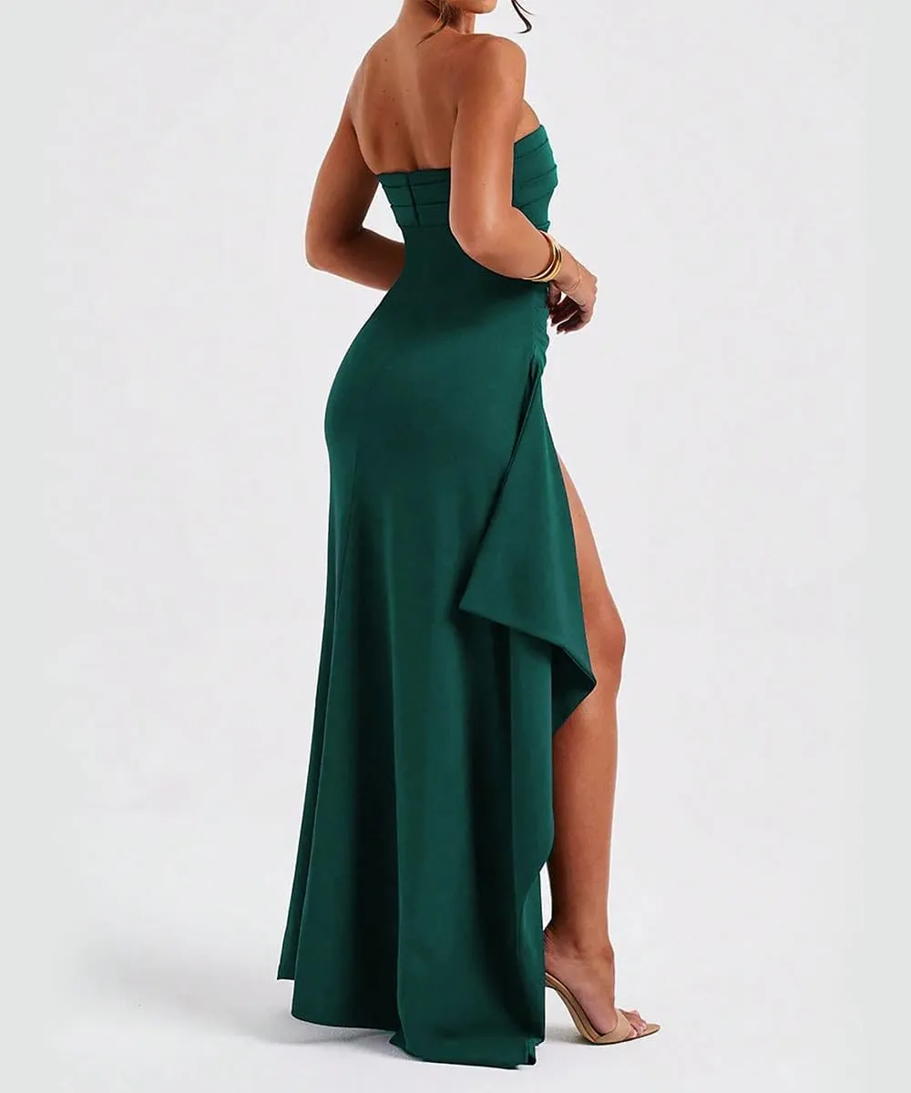 SKAYS Women's Strapless Maxi Dress Elegant Tube Top Formal Ruched Bodycon Wedding Guest Cocktail Summer Dress with Slit