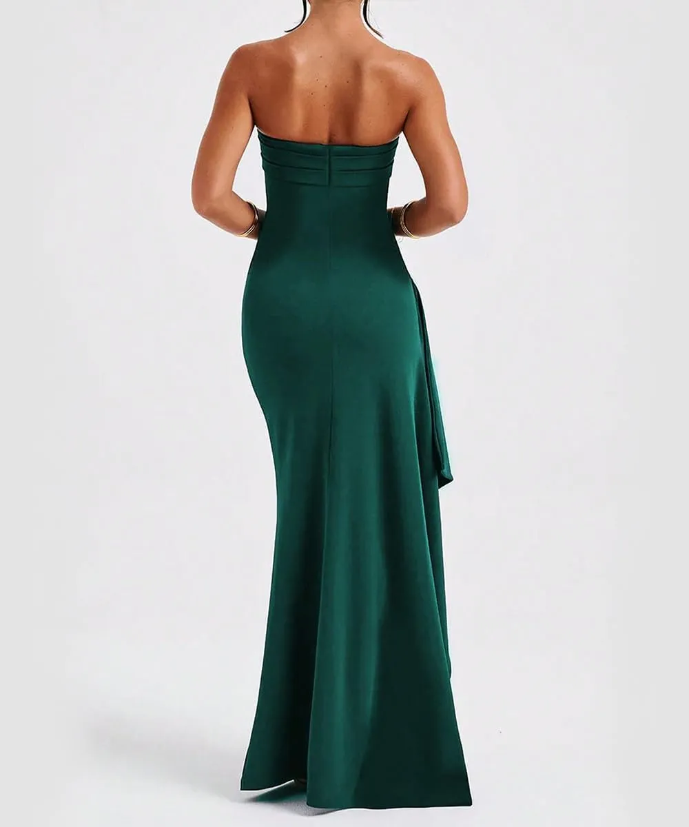 SKAYS Women's Strapless Maxi Dress Elegant Tube Top Formal Ruched Bodycon Wedding Guest Cocktail Summer Dress with Slit