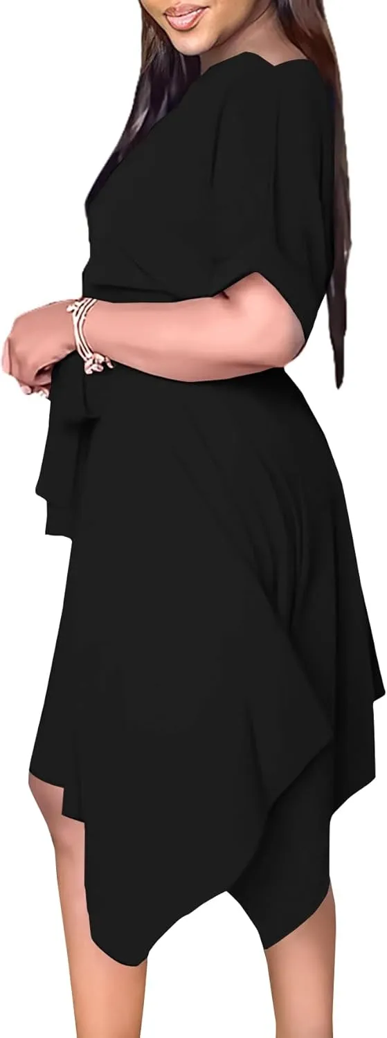 Umenlele Women’s Casual Short Sleeve Tie Waist Asymmetric Hem Swing Summer A Line Midi Dress