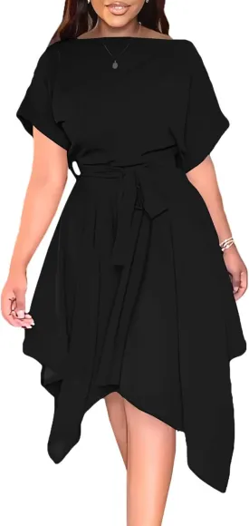Umenlele Women’s Casual Short Sleeve Tie Waist Asymmetric Hem Swing Summer A Line Midi Dress