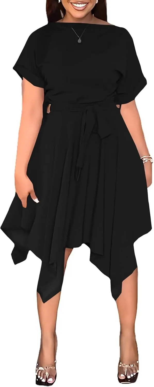 Umenlele Women’s Casual Short Sleeve Tie Waist Asymmetric Hem Swing Summer A Line Midi Dress