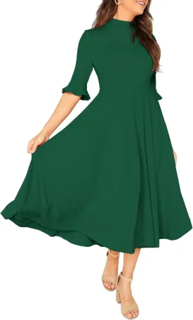 Verdusa Women's Elegant Ribbed Ruffle Half Sleeve A Line Dresses Fit and Flare Midi Dress
