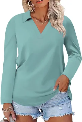 VISLILY Womens-Plus-Size-Tops Casual Collared V Neck Polo Shirts Flowy Long Sleeve Tunics Trendy Work Blouses XL-5XL