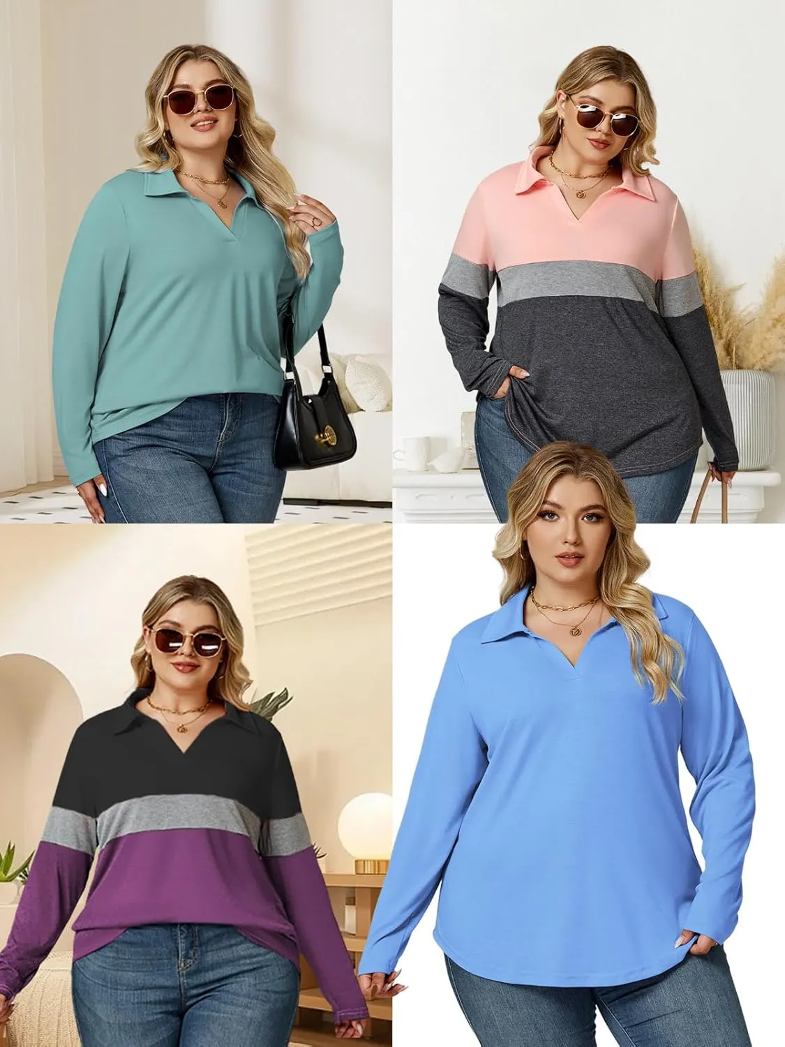 VISLILY Womens-Plus-Size-Tops Casual Collared V Neck Polo Shirts Flowy Long Sleeve Tunics Trendy Work Blouses XL-5XL