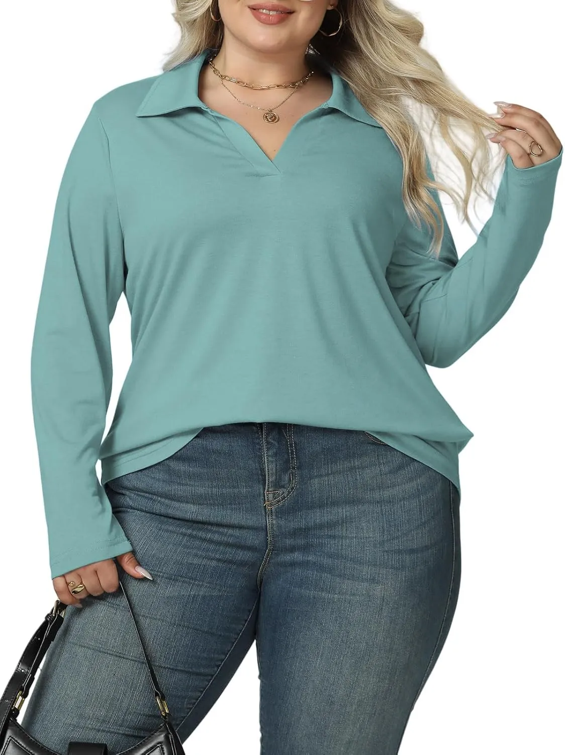 VISLILY Womens-Plus-Size-Tops Casual Collared V Neck Polo Shirts Flowy Long Sleeve Tunics Trendy Work Blouses XL-5XL