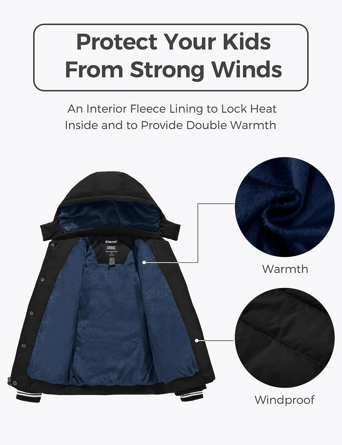 Wantdo Boy's Padded Winter Coat Water-Resistant Puffer Jacket with Removable Hood