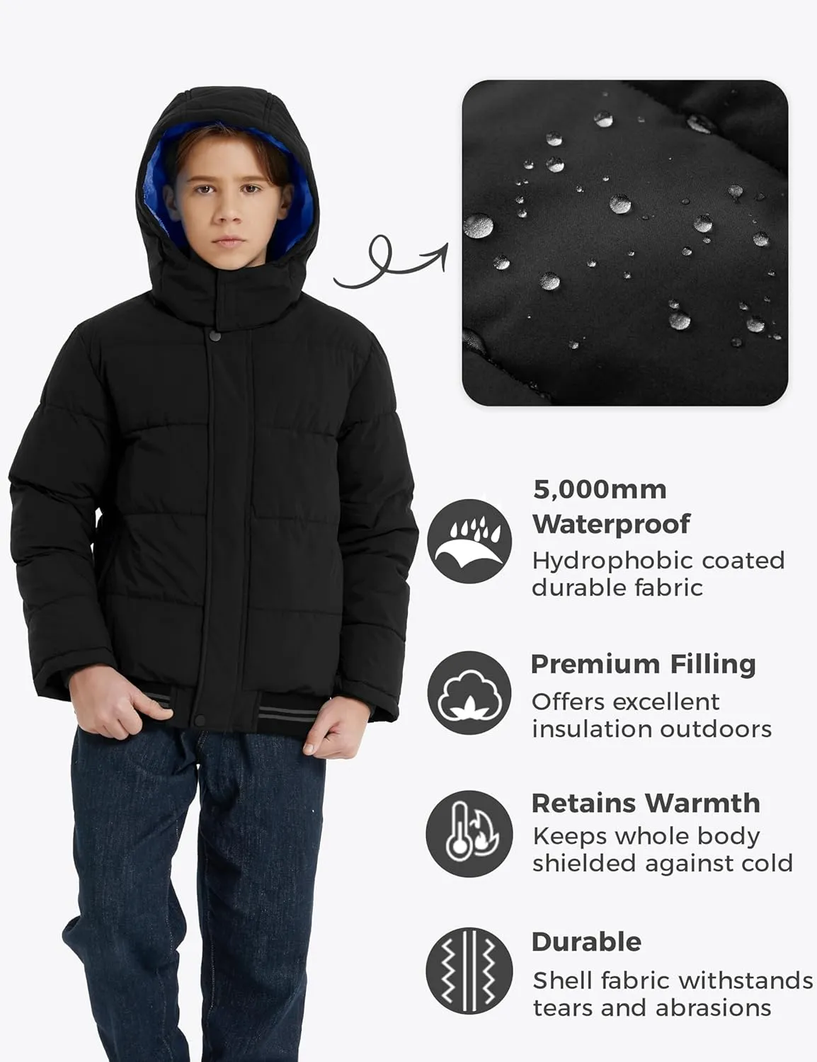 Wantdo Boy's Padded Winter Coat Water-Resistant Puffer Jacket with Removable Hood