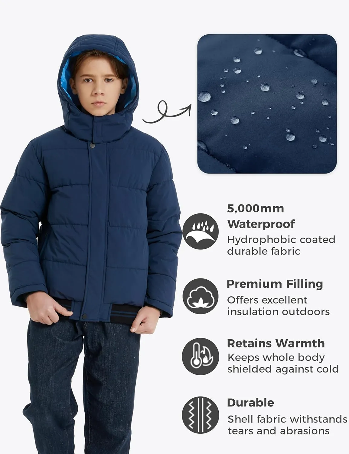 Wantdo Boy's Padded Winter Coat Water-Resistant Puffer Jacket with Removable Hood