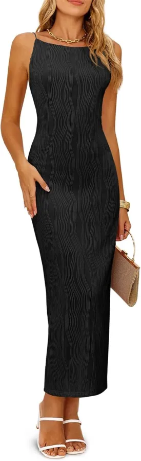 Wenrine Womens Sleeveless Maxi Dress Summer Backless Spaghetti Strap Textured Slit Bodycon Elegant Cocktail Dress
