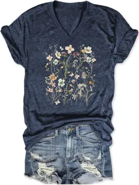Wildflowers V Neck Shirt Women Boho Floral Flowers Graphic Tee Casual Cottagecore Short Sleeve T Shirt
