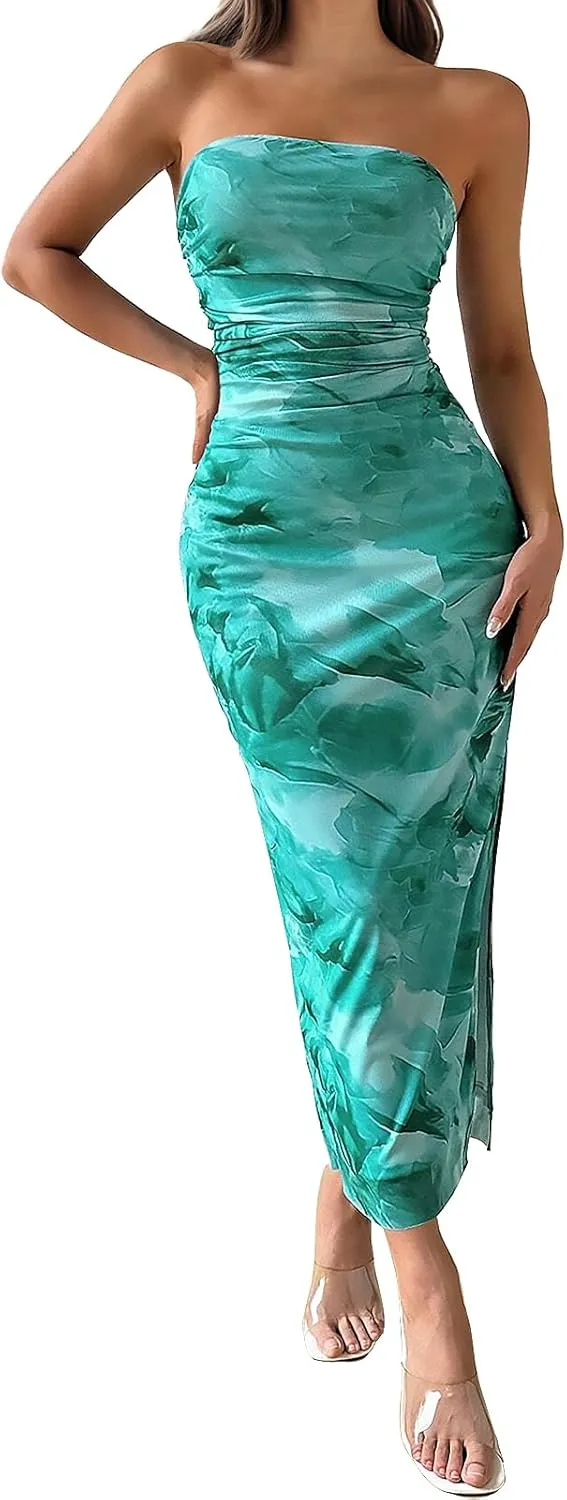 Womens 2025 Strapless Maxi Dress Sexy Printed Slip Side Tube Top Bodycon Long Dress Elegant Formal Cocktail Outfits