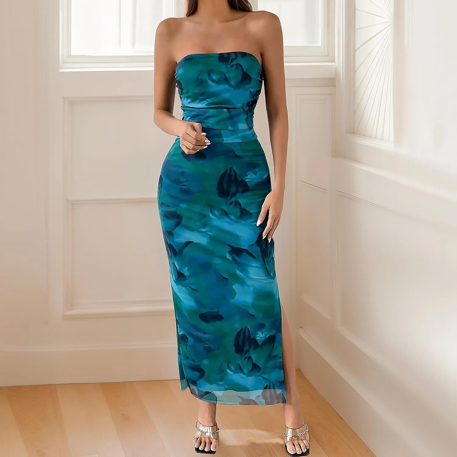 Womens 2025 Strapless Maxi Dress Sexy Printed Slip Side Tube Top Bodycon Long Dress Elegant Formal Cocktail Outfits