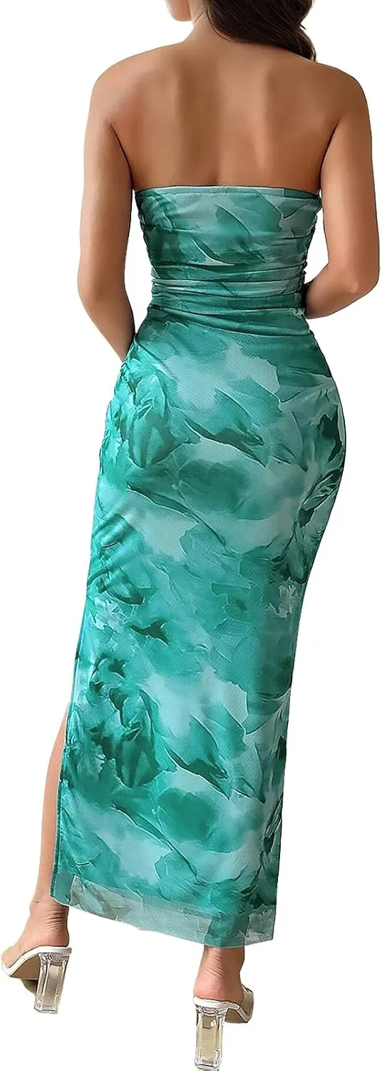 Womens 2025 Strapless Maxi Dress Sexy Printed Slip Side Tube Top Bodycon Long Dress Elegant Formal Cocktail Outfits