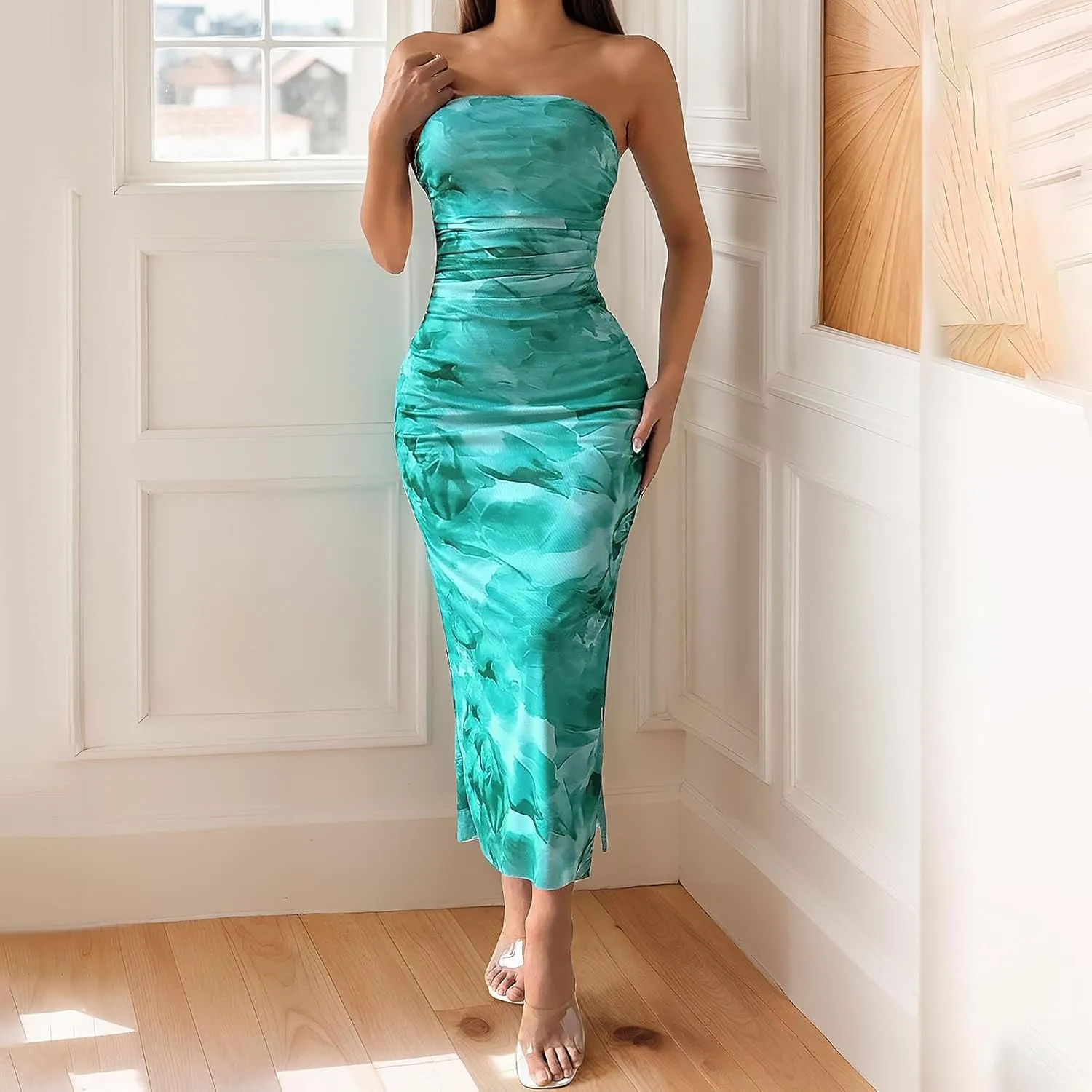 Womens 2025 Strapless Maxi Dress Sexy Printed Slip Side Tube Top Bodycon Long Dress Elegant Formal Cocktail Outfits