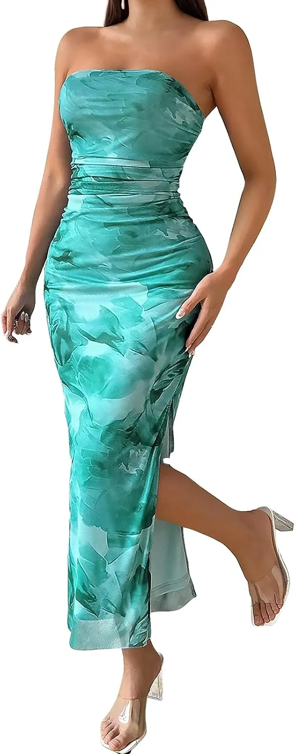 Womens 2025 Strapless Maxi Dress Sexy Printed Slip Side Tube Top Bodycon Long Dress Elegant Formal Cocktail Outfits
