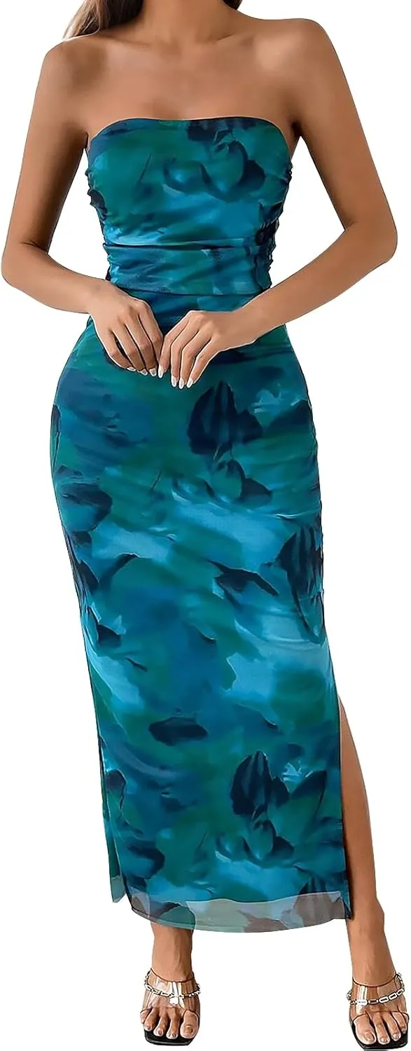 Womens 2025 Strapless Maxi Dress Sexy Printed Slip Side Tube Top Bodycon Long Dress Elegant Formal Cocktail Outfits