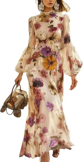 Womens Crew Neck Long Lantern Sleeve Floral Print Maxi Dress Elegant Slim Fit A Line Empire Waist Ruffle Dress