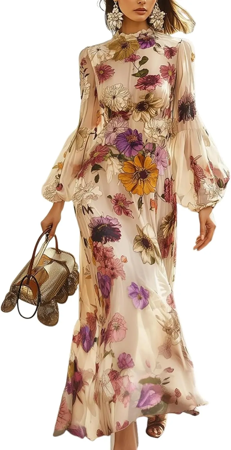 Womens Crew Neck Long Lantern Sleeve Floral Print Maxi Dress Elegant Slim Fit A Line Empire Waist Ruffle Dress