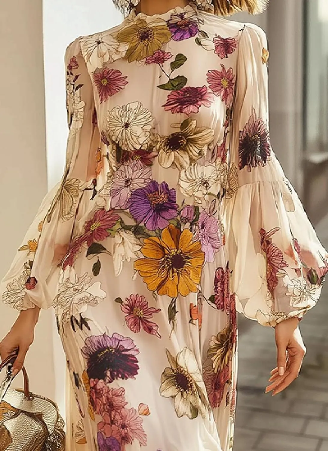 Womens Crew Neck Long Lantern Sleeve Floral Print Maxi Dress Elegant Slim Fit A Line Empire Waist Ruffle Dress