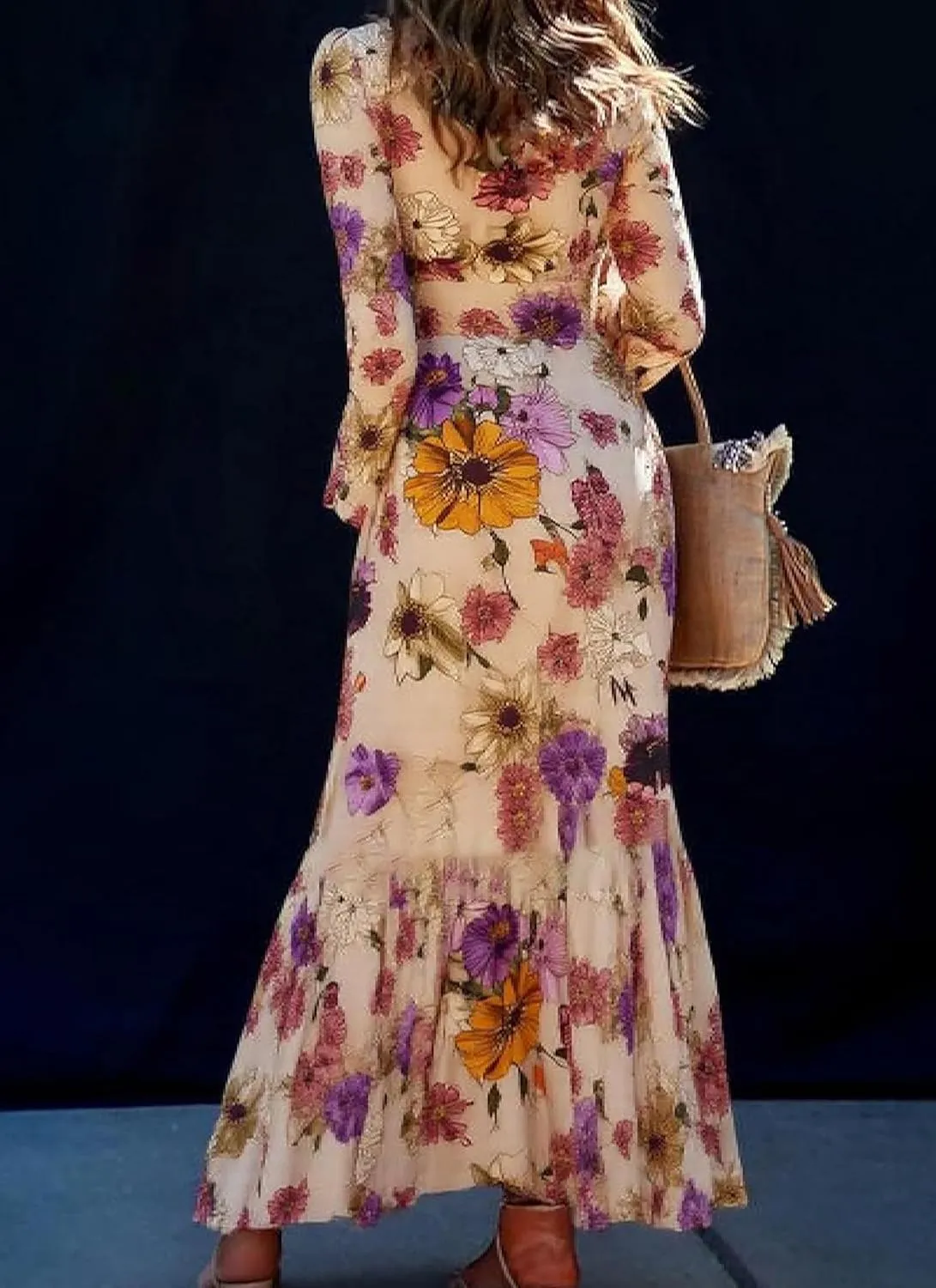 Womens Crew Neck Long Lantern Sleeve Floral Print Maxi Dress Elegant Slim Fit A Line Empire Waist Ruffle Dress