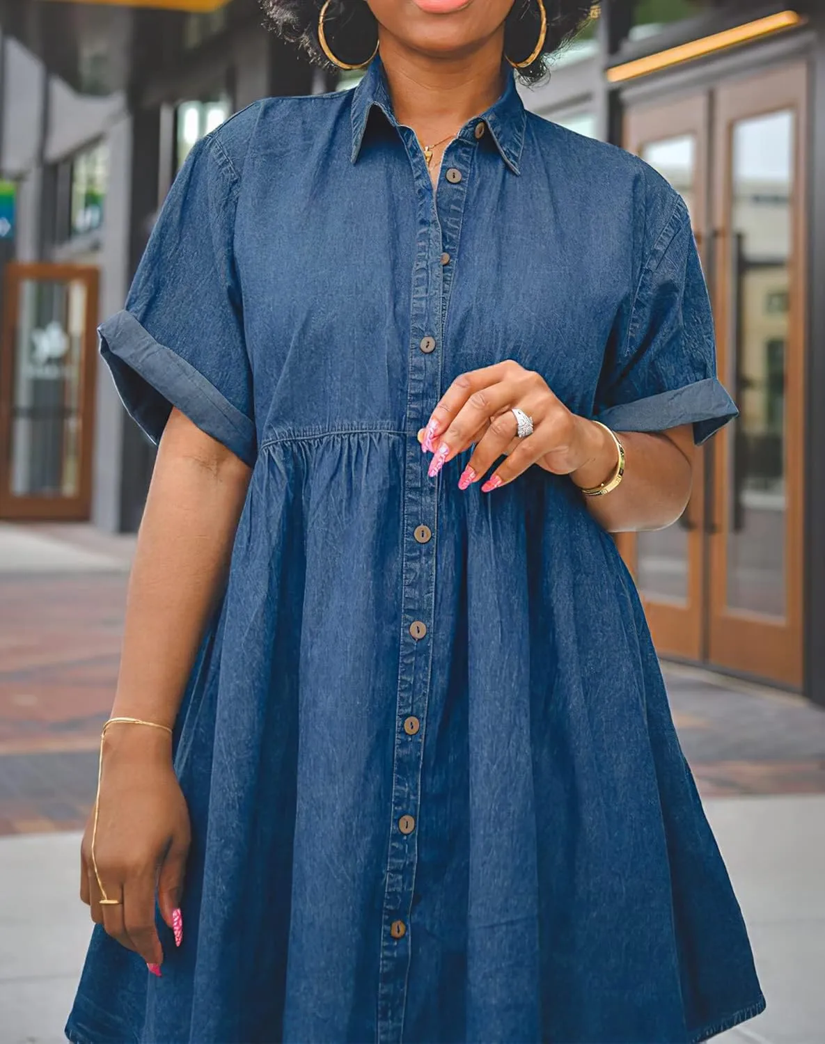 Womens Denim Babydoll Dresses Button Down Tiered Jean Dress