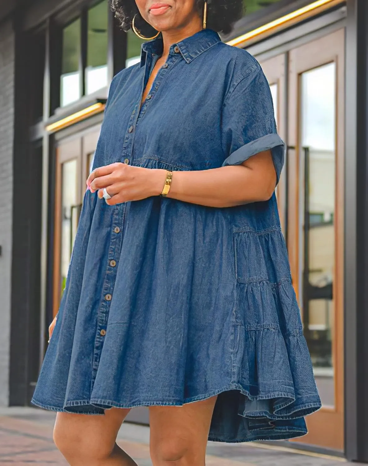 Womens Denim Babydoll Dresses Button Down Tiered Jean Dress