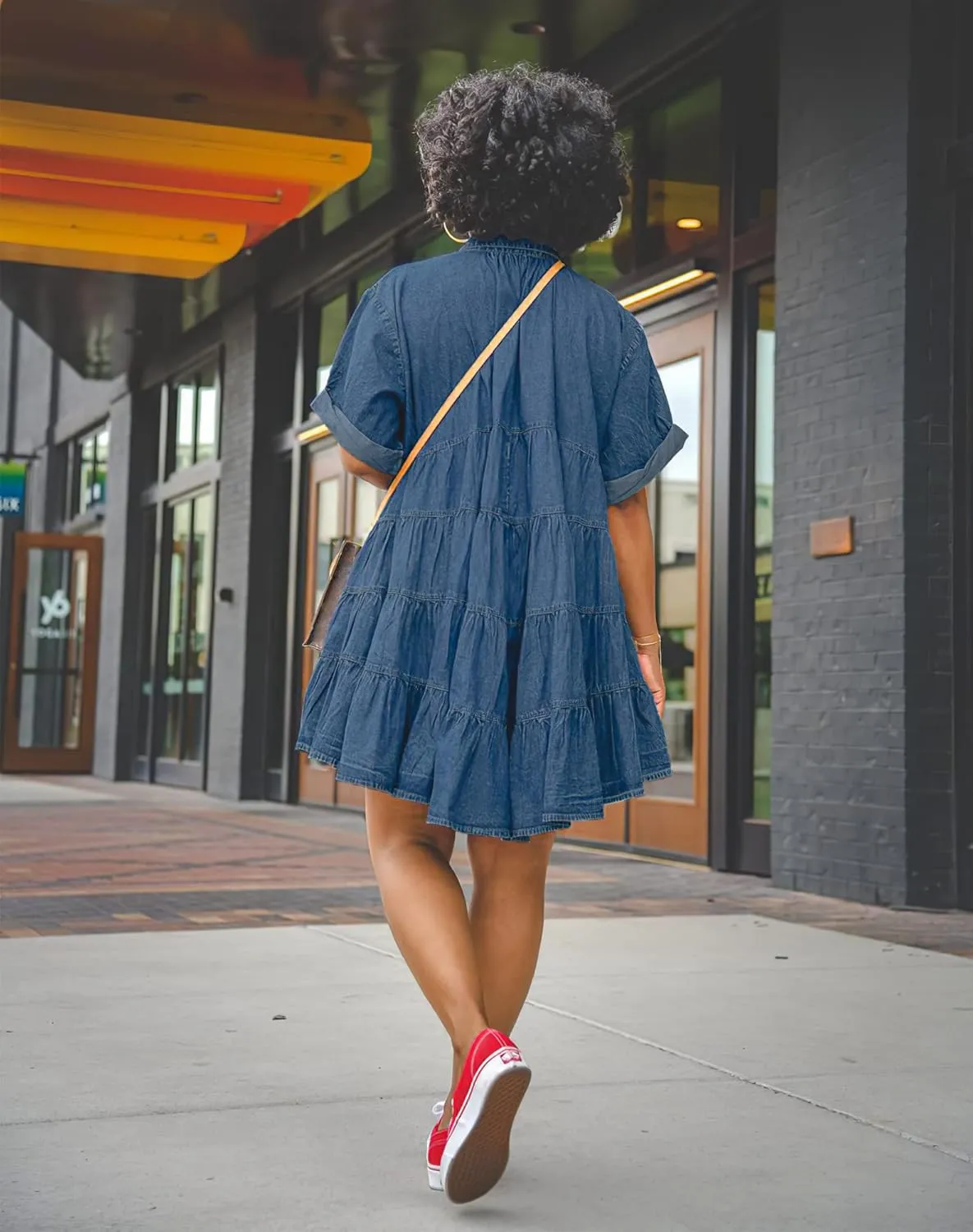 Womens Denim Babydoll Dresses Button Down Tiered Jean Dress