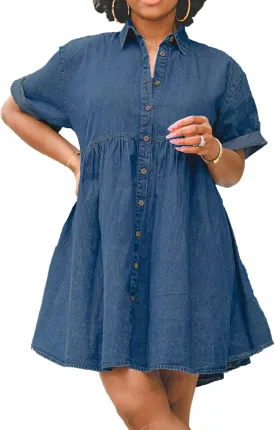 Womens Denim Babydoll Dresses Button Down Tiered Jean Dress