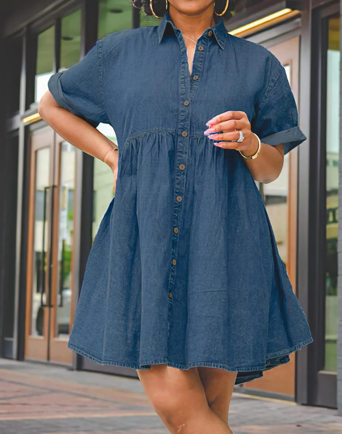 Womens Denim Babydoll Dresses Button Down Tiered Jean Dress