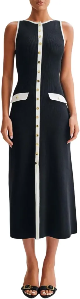 Women's Knit Sweater Maxi Dress Elegant Sleeveless Crew Neck Button Down Slit Bodycon Tank Long Dresses