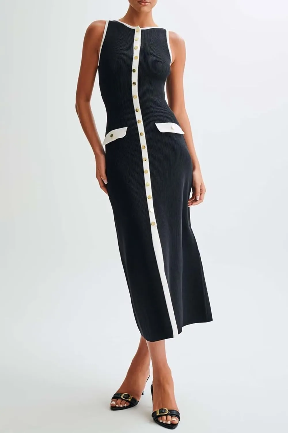 Women's Knit Sweater Maxi Dress Elegant Sleeveless Crew Neck Button Down Slit Bodycon Tank Long Dresses