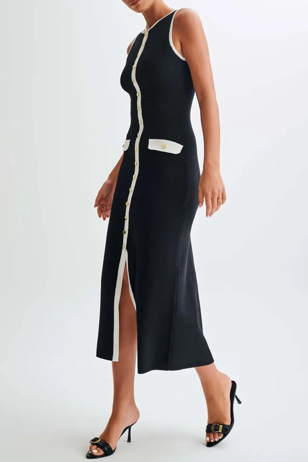 Women's Knit Sweater Maxi Dress Elegant Sleeveless Crew Neck Button Down Slit Bodycon Tank Long Dresses
