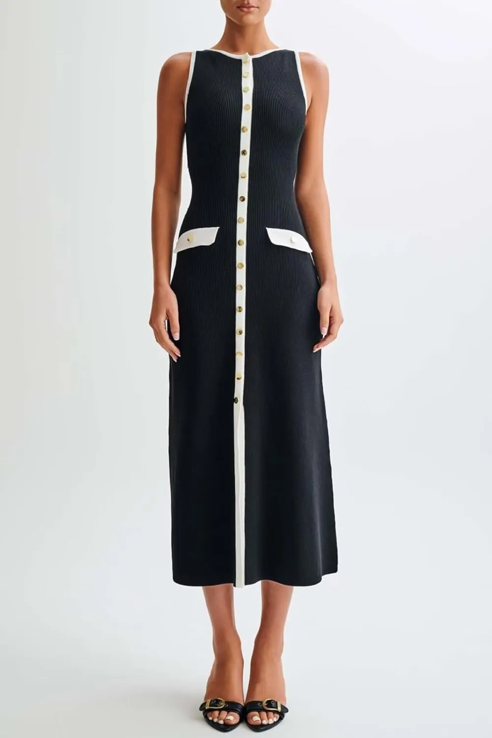 Women's Knit Sweater Maxi Dress Elegant Sleeveless Crew Neck Button Down Slit Bodycon Tank Long Dresses