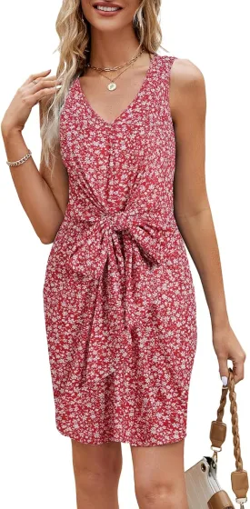 Women's Summer Sleeveless V-Neck Tank Beach T-Shirt Dress Simple Comfortable Tie Waist Casual Mini Dresses 702
