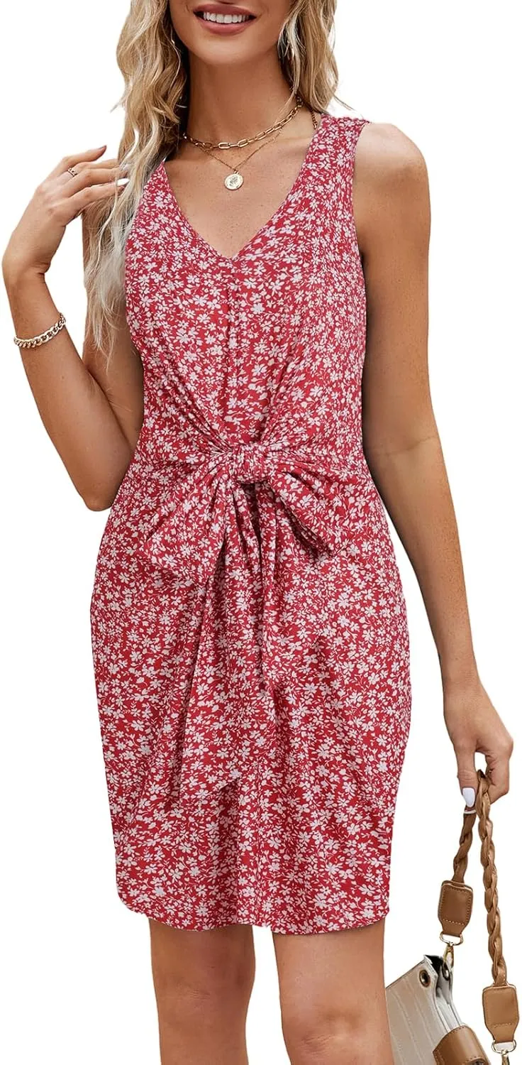 Women's Summer Sleeveless V-Neck Tank Beach T-Shirt Dress Simple Comfortable Tie Waist Casual Mini Dresses 702