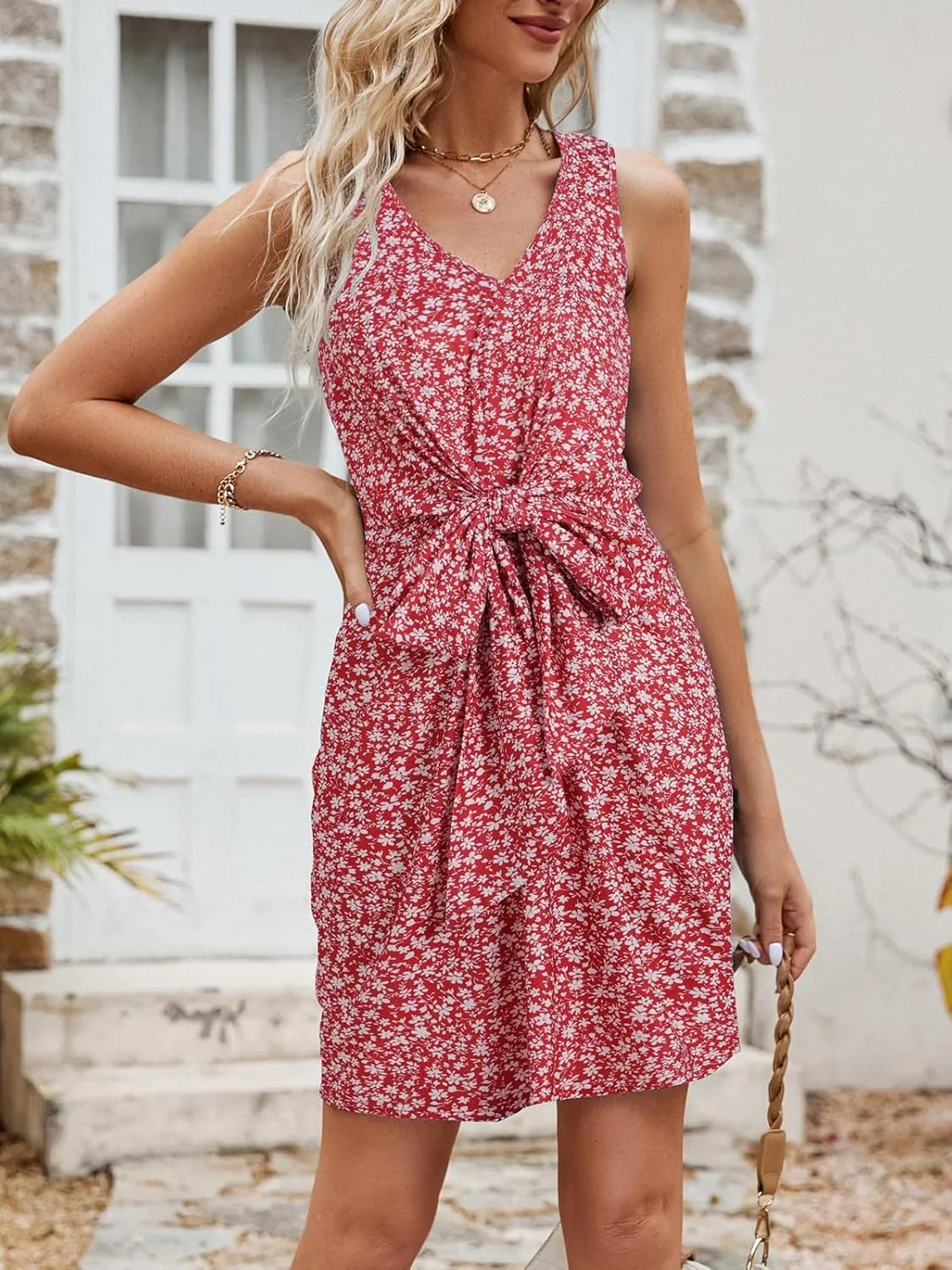 Women's Summer Sleeveless V-Neck Tank Beach T-Shirt Dress Simple Comfortable Tie Waist Casual Mini Dresses 702