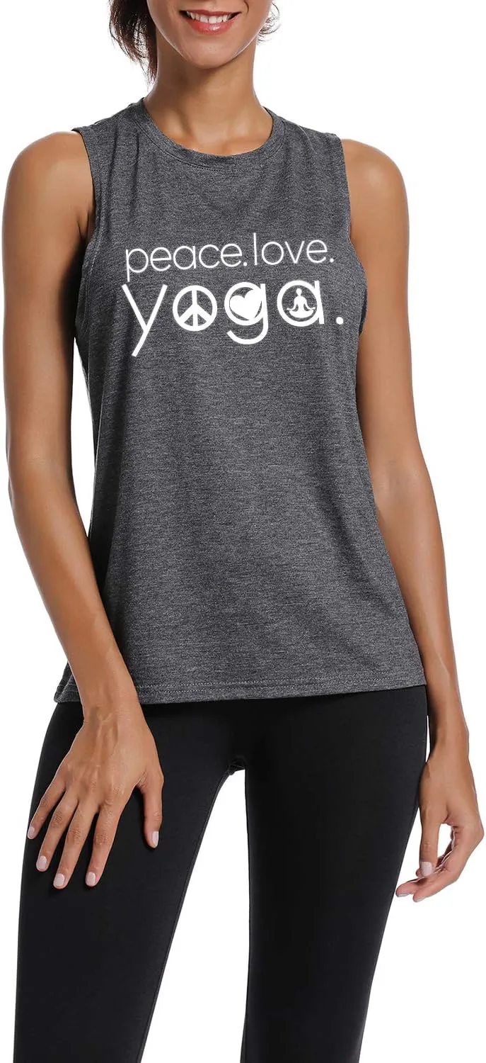 Workout Tank Tops for Women-Womens Peace Love Yogo Funny Saying Fitness Gym Racerback Sleeveless Shirts