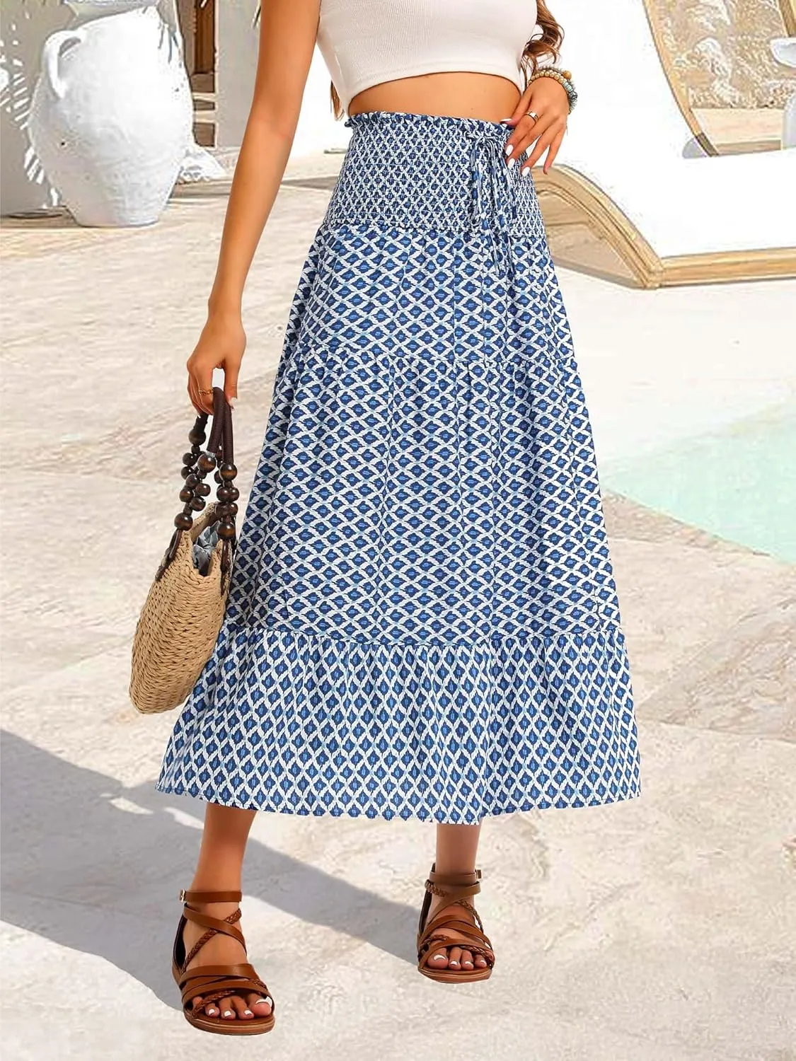 ZABERRY Womens Boho Floral Summer Maxi Skirt 2025 Elastic High Waist Pleated A Line Ruffle Flowy Long Skirts