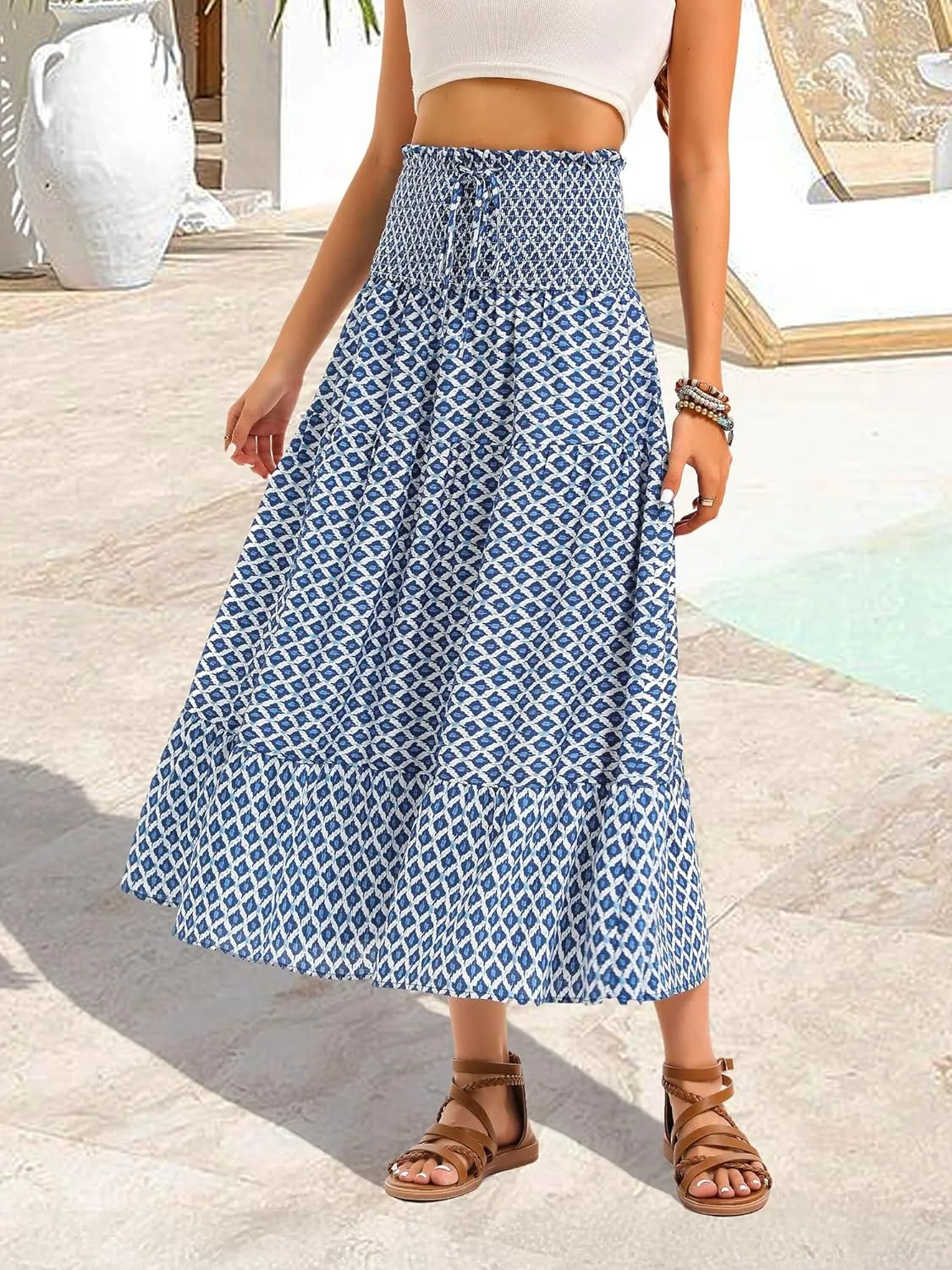 ZABERRY Womens Boho Floral Summer Maxi Skirt 2025 Elastic High Waist Pleated A Line Ruffle Flowy Long Skirts