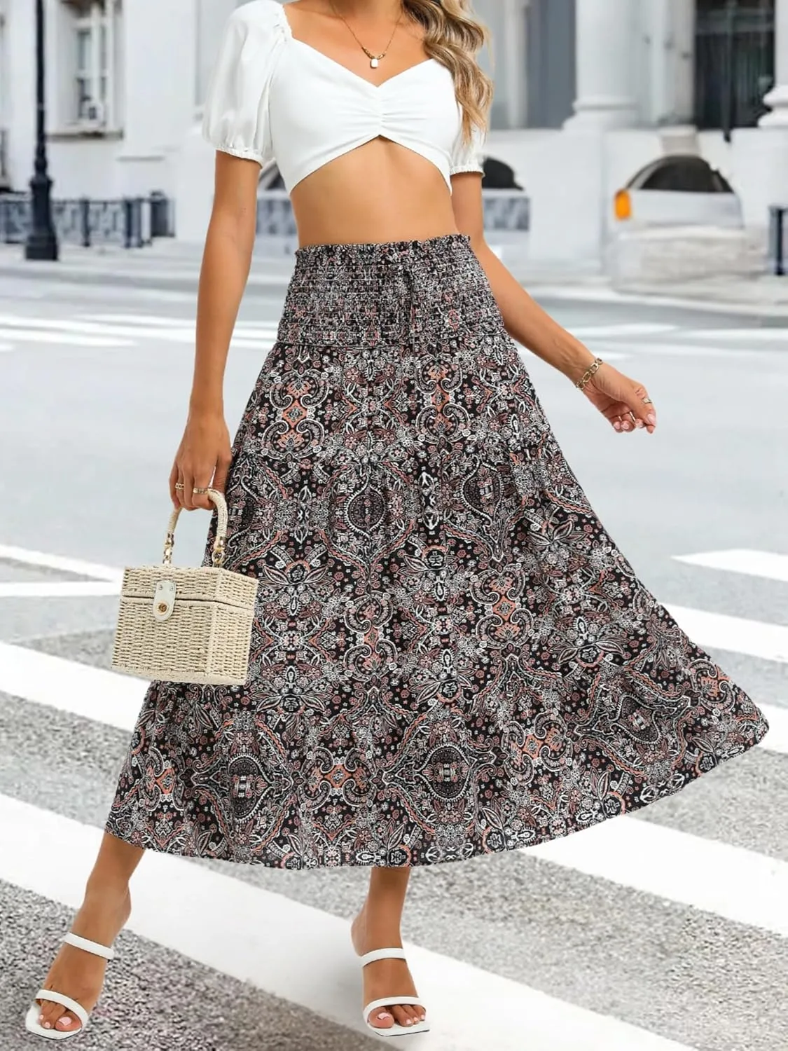 ZABERRY Womens Boho Floral Summer Maxi Skirt 2025 Elastic High Waist Pleated A Line Ruffle Flowy Long Skirts