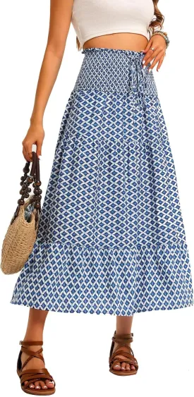ZABERRY Womens Boho Floral Summer Maxi Skirt 2025 Elastic High Waist Pleated A Line Ruffle Flowy Long Skirts
