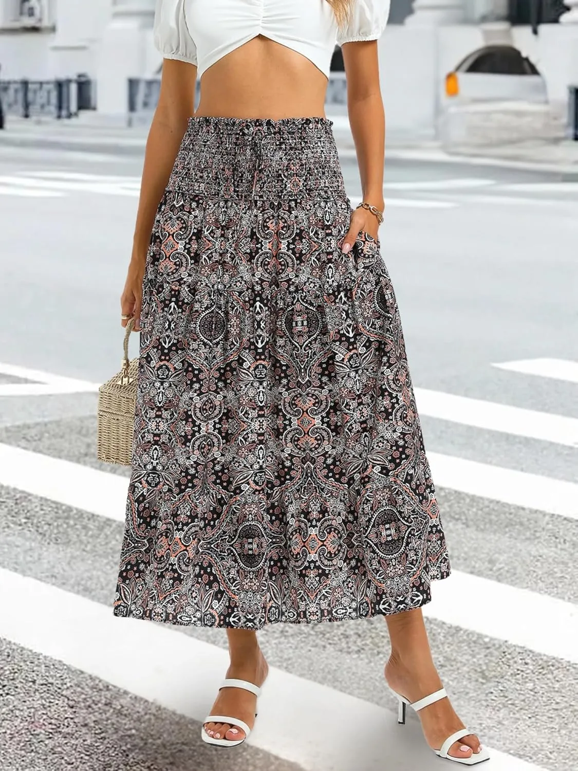 ZABERRY Womens Boho Floral Summer Maxi Skirt 2025 Elastic High Waist Pleated A Line Ruffle Flowy Long Skirts